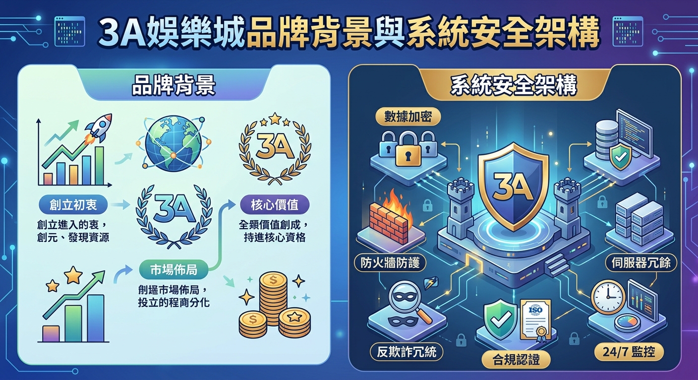 這張圖片以科技感為主題,呈現「3A娛樂城品牌背景與系統安全架構」的資訊圖表。 左側展示了品牌的創立初衷、核心價值與市場布局,右側則以數位城堡圖標配合數據加密、防火牆與24小時監控等元素,凸顯其安全穩固的架構。