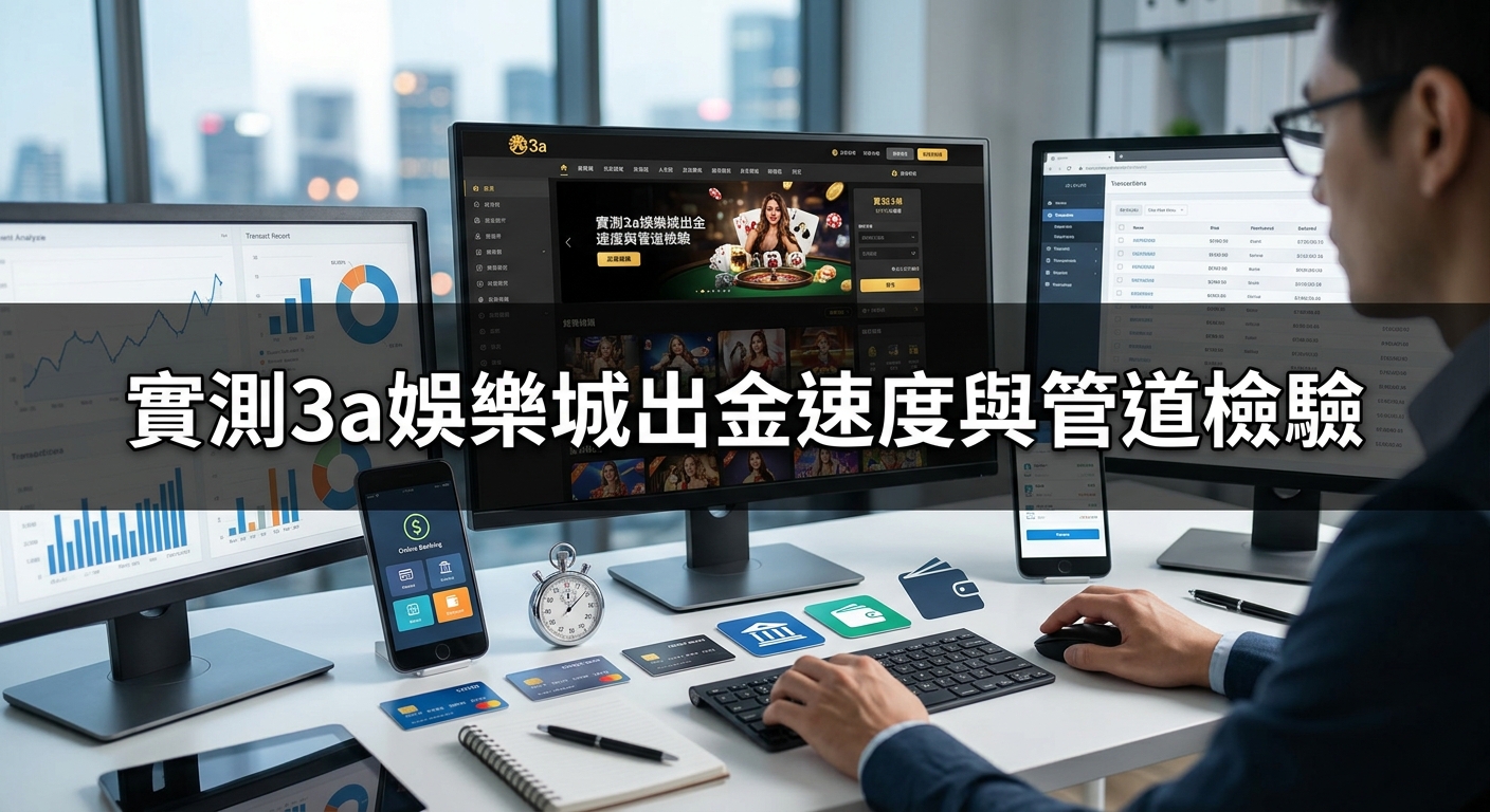 這張圖片展示了一名男子在現代化辦公桌前進行測試,桌上擺放著多台顯示數據圖表與線上娛樂城介面的螢幕,並搭配手機與信用卡等元素。 畫面中央以清晰醒目的繁體中文標註主題標題:「實測3a娛樂城出金速度與管道檢驗」。