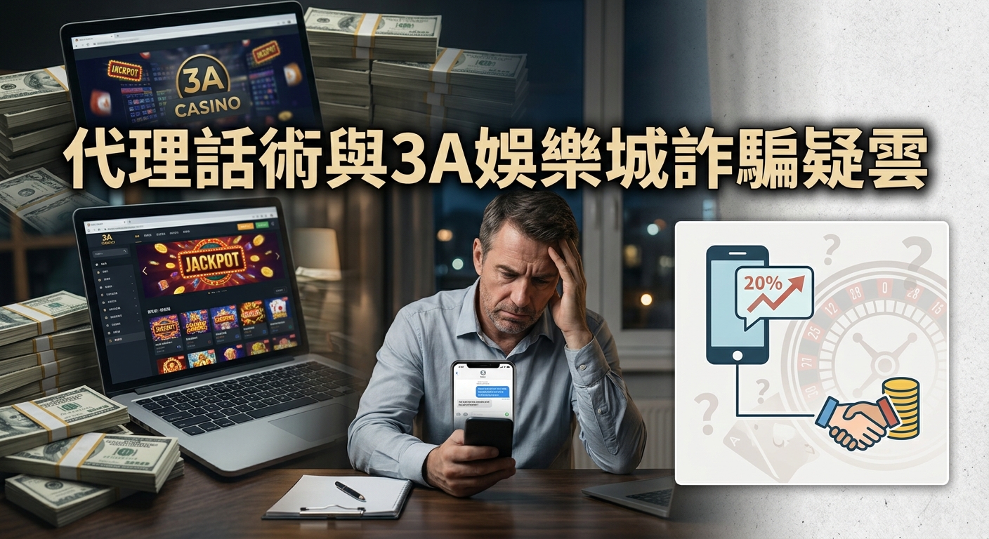 一張展示男子看著手機與筆電上記錄的「3A娛樂城」畫面,呈現博弈代理話術與詐騙疑雲主題的警示風格圖片。 圖片上方印有清晰的「代理話術與3A娛樂城詐騙疑雲」繁體中文標題,營造出高風險與警戒的視覺氛圍。