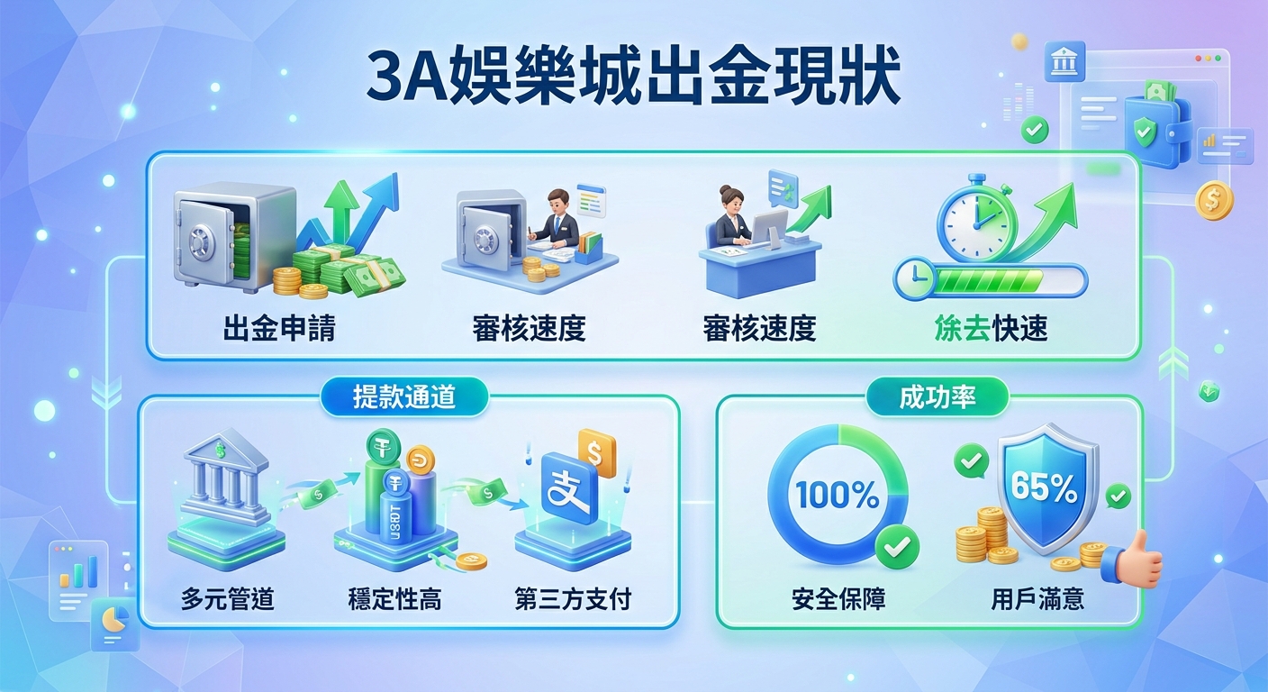 這張圖片呈現了一個以藍色調為主的現代化資訊圖表,主題為「3A娛樂城出金現狀」。 圖中結合了安全金庫、百分比圖表、貨幣符號及時鐘等 3D 視覺元素,用來展現提款流程與資金安全的現狀分析。